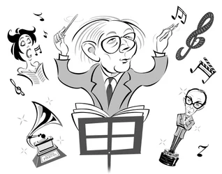 Andre Previn, German-born American pianist, composer and conductor; caricature